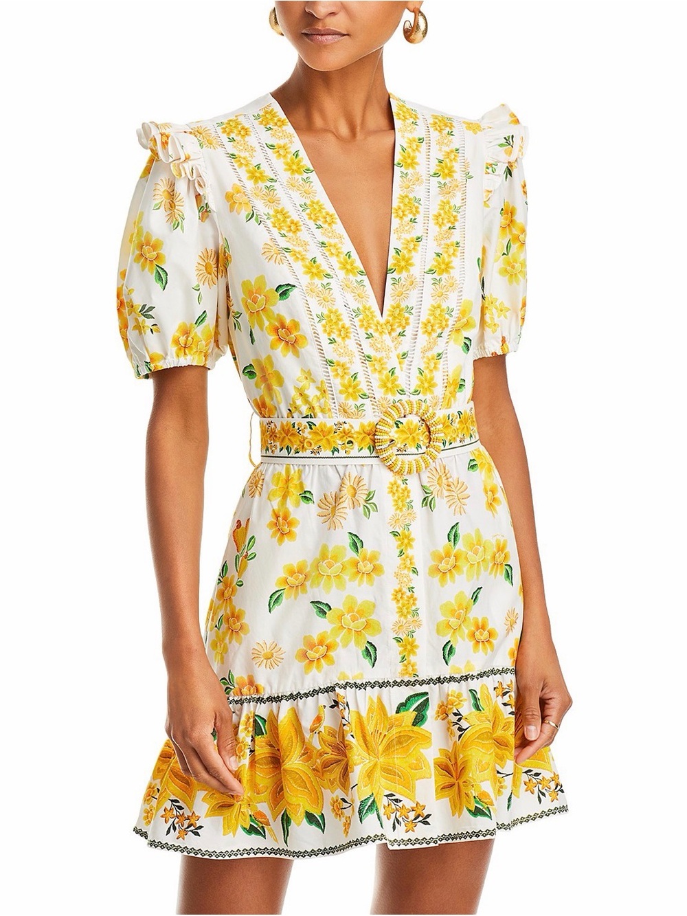 FARM Rio White & Yellow Floral Azaleia Mini V-Neck Belted Mini Dress